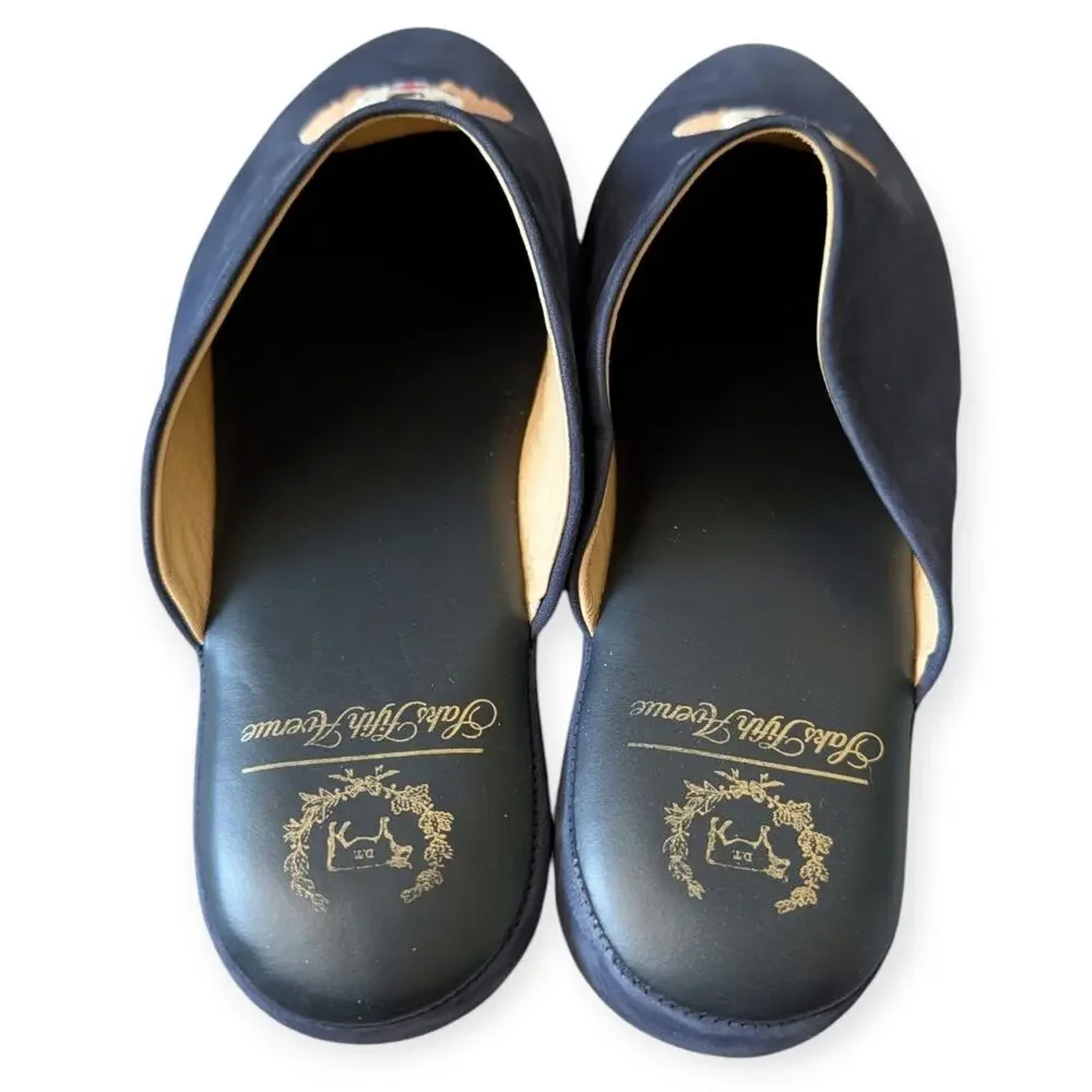 Del Toro x Saks Fifth Avenue Dog Embroidered Navy Blue House Slippers Mens 10.5